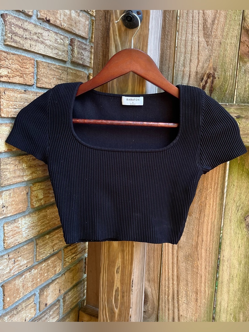Babaton Black Ribbed Square Crop Top
